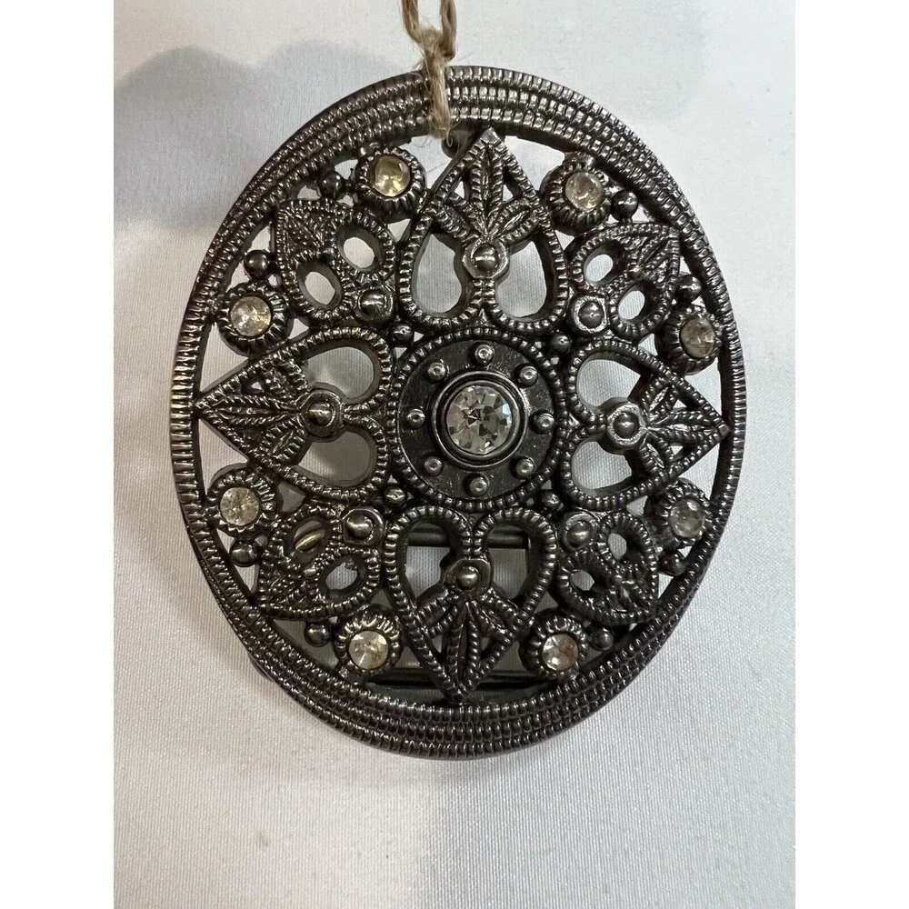 Vintage Belt Buckle Hearts Silver tone Oval Clear Crystal Ctr & Lt Yellow Jewel
